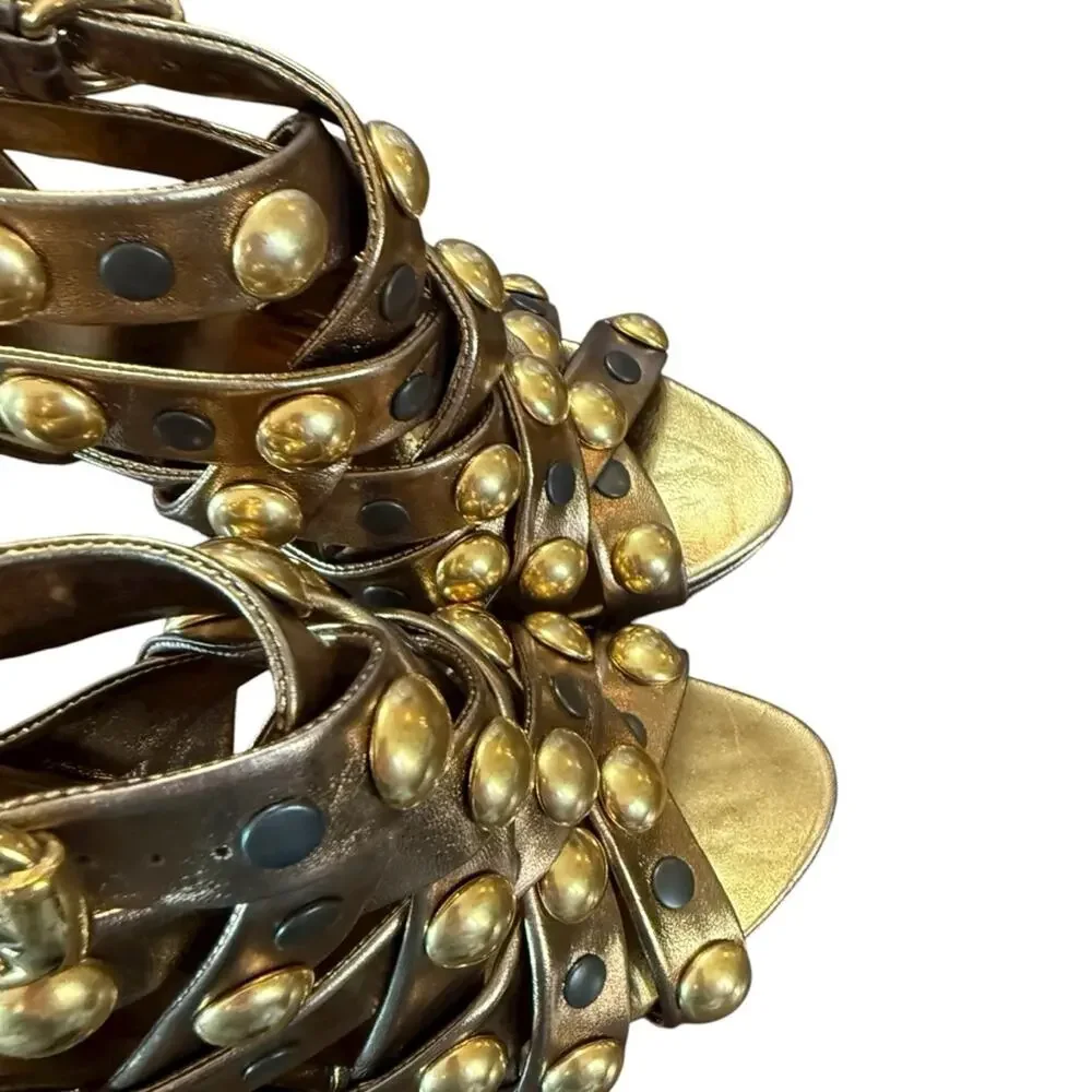 Gucci Gold Leather Babouska Strappy Caged Heeled Sandals EU 37 US 7